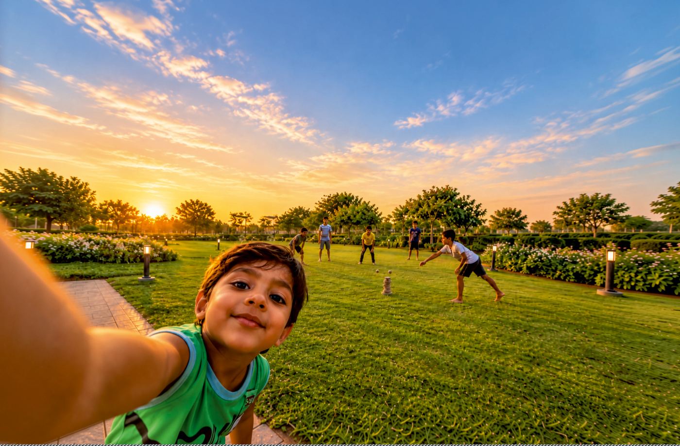 A smiling boy takes a selfie on a green lawn at sunset while his friends play cricket behind him