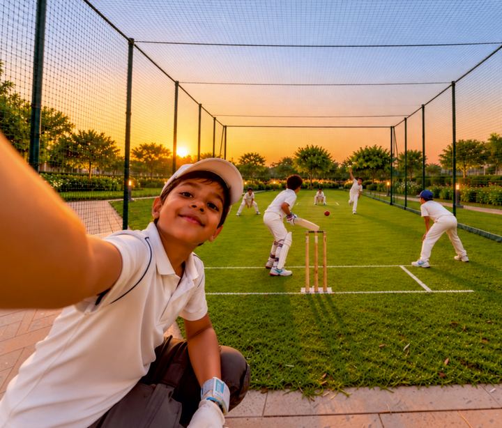 A boy in cricket whites takes a selfie at the cricket nets while his friends play behind him at sunset