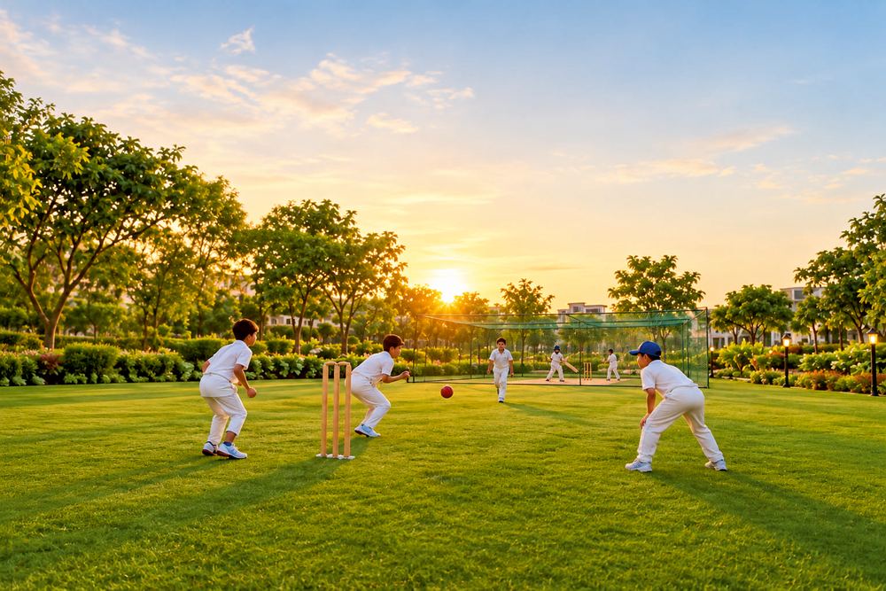 Children playing a cricket match on a green lawn as the sun sets behind the trees