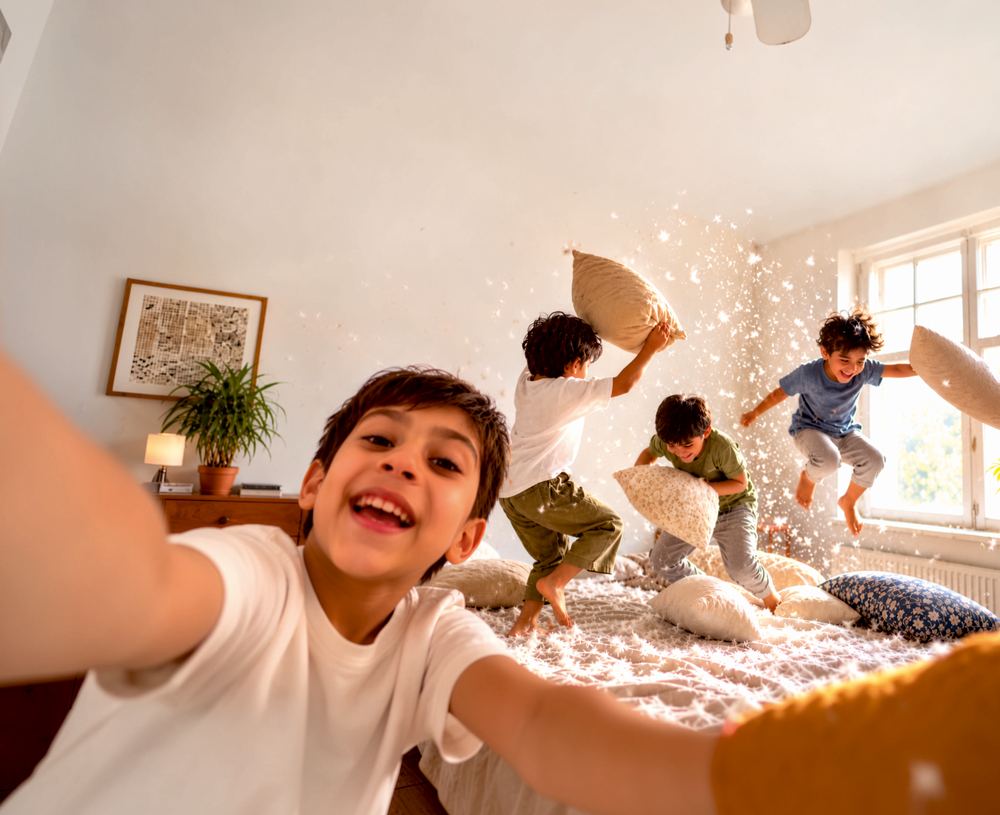 Children laughing mid pillow fight in a sunlit bedroom, feathers in the air