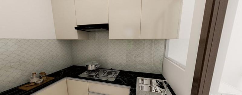 A modular kitchen with wall-hung cabinets and a granite counter