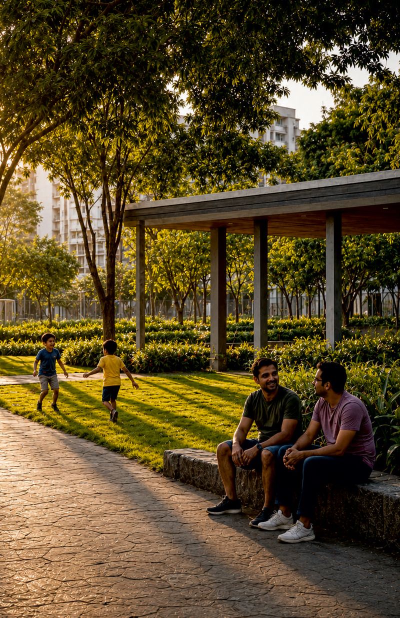 Neighbours sitting on a bench beside a pavilion in a green park