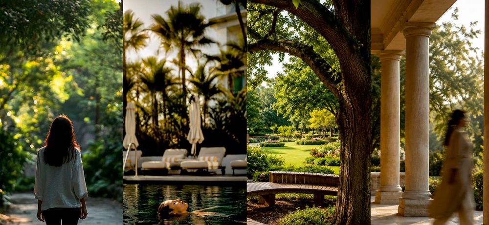 Four moments from an ordinary day: a woman walking a garden path, loungers by the pool, a bench under an old tree, and a woman walking through a colonnade