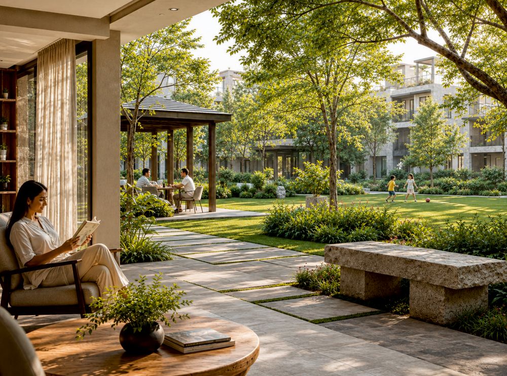 A woman reading in a shaded corner overlooking a garden with a pavilion and a stone bench