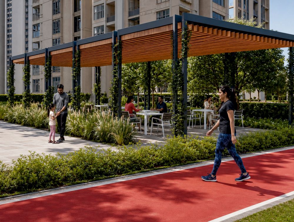 A shaded timber pergola with seating beside a red jogging track