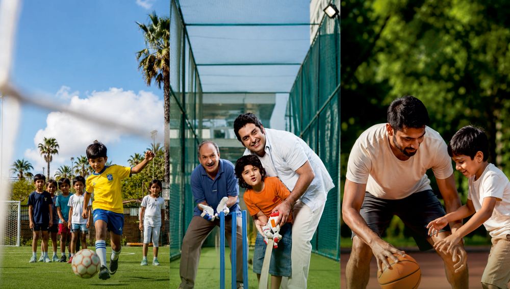 Children playing futsal, a grandfather and father teaching a boy to bat in the cricket net, and a father and son playing basketball