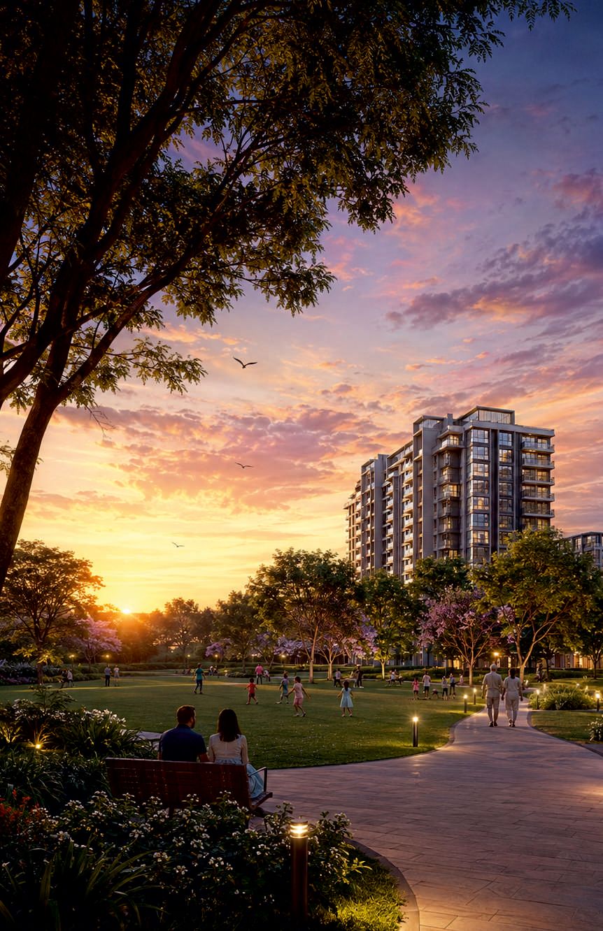A tree-lined path at dusk with a residential tower glowing against a pink and purple sky