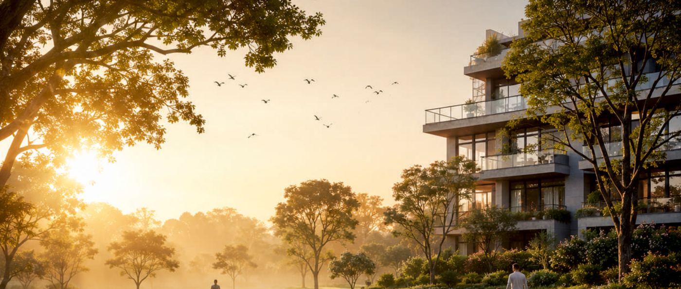 Artist’s impression of a landscaped park at sunrise, with a curving path, open lawns and a residential block among the trees