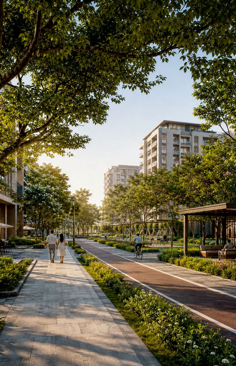 A tree-lined road with a cycle track and a footpath leading towards the buildings