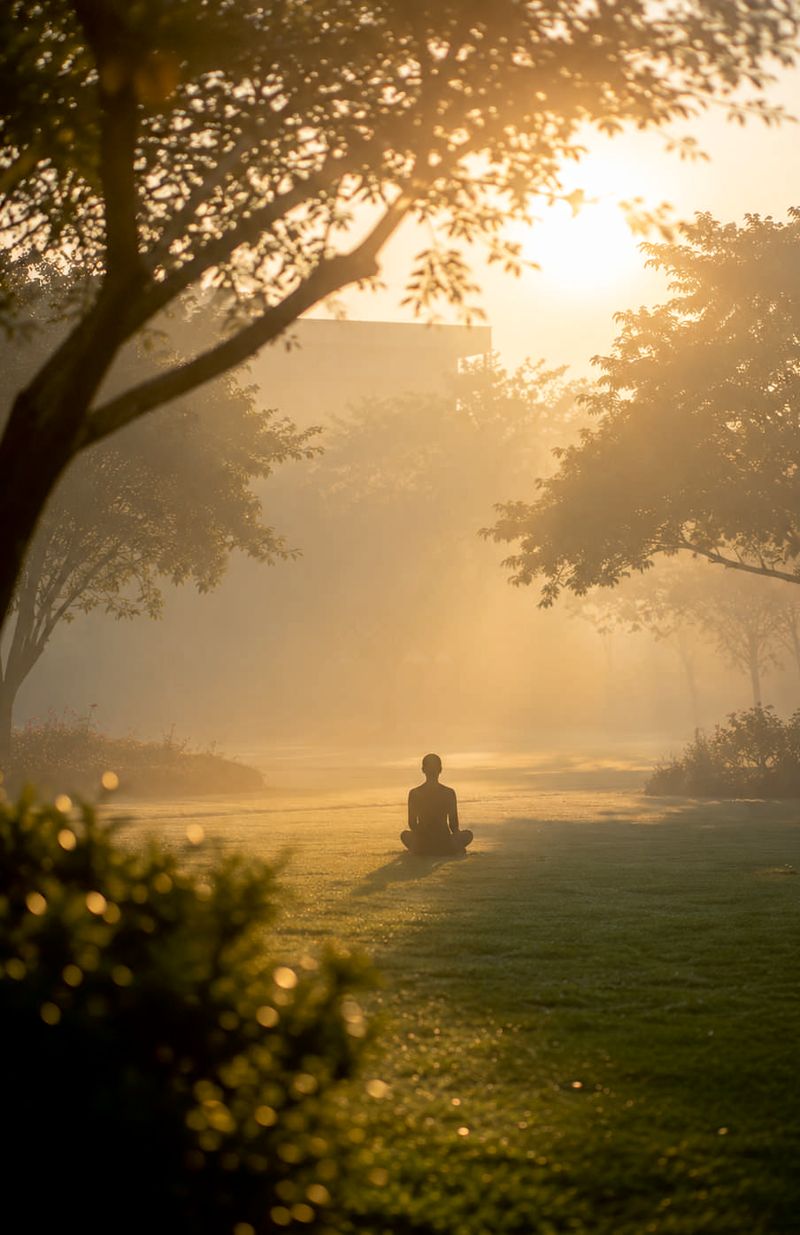 A person sitting quietly on a misty lawn at sunrise under a large tree