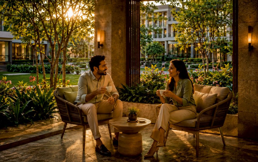 Two people chatting on garden sofas in a warmly lit seating area