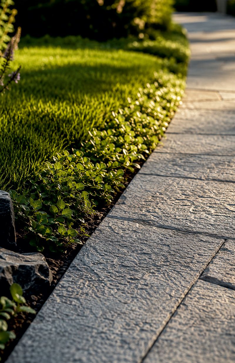 A stone-paved walkway curving beside a green lawn