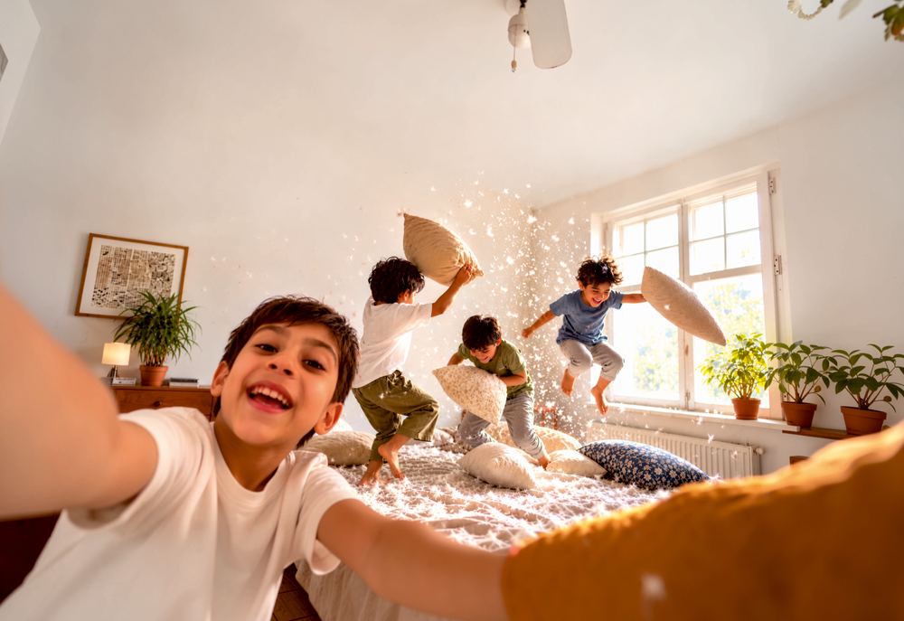 Children jumping and laughing in a pillow fight in a sunlit bedroom, while one boy takes a selfie