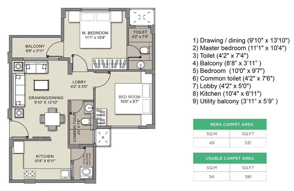 2 BHK unit plan Type 2 of Birch, a mirror layout with the same room sizes and areas