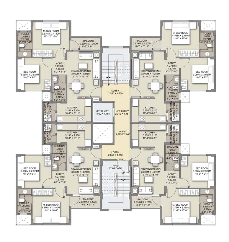 Typical wing plan of Birch showing the 2 BHK homes around the lift lobby and staircases