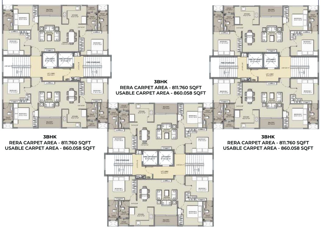 Typical floor plan of Ebony showing the 3 BHK homes around the lift lobbies, each with RERA carpet area 811.76 sq ft and usable carpet area 860.06 sq ft