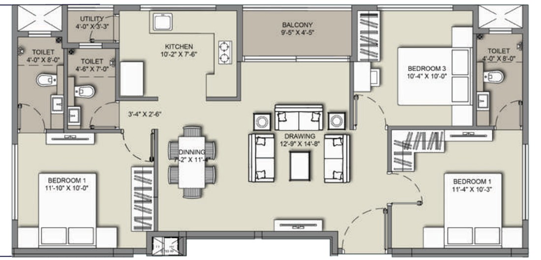 3 BHK unit plan of Ebony, drawn sideways, with three bedrooms, a drawing and dining area, kitchen, utility and balcony